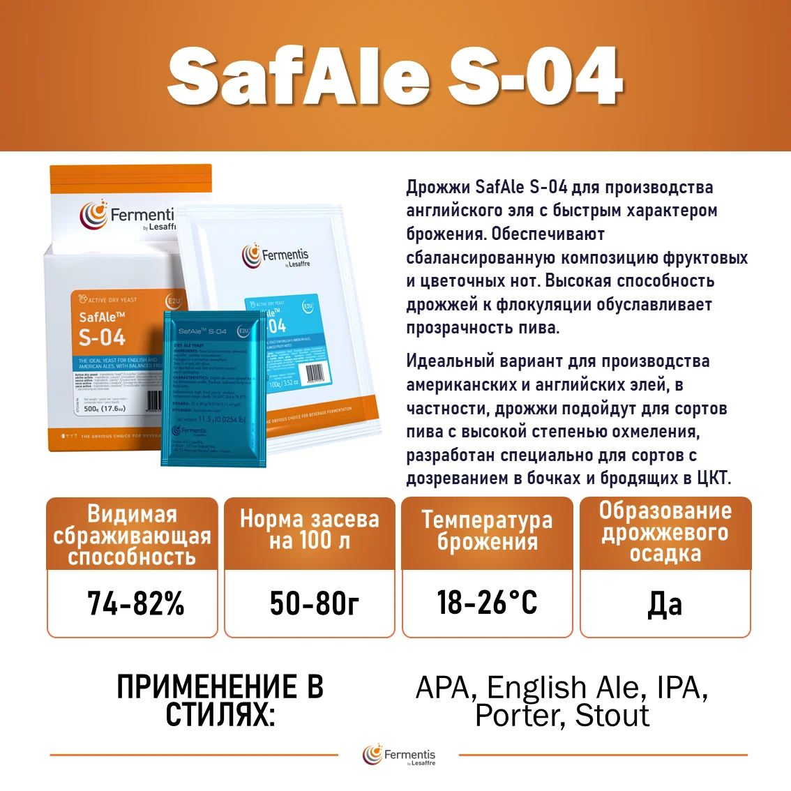 Дрожжи пивные Safale S-04, Бельгия, Fermentis, пакеты 0,5 кг