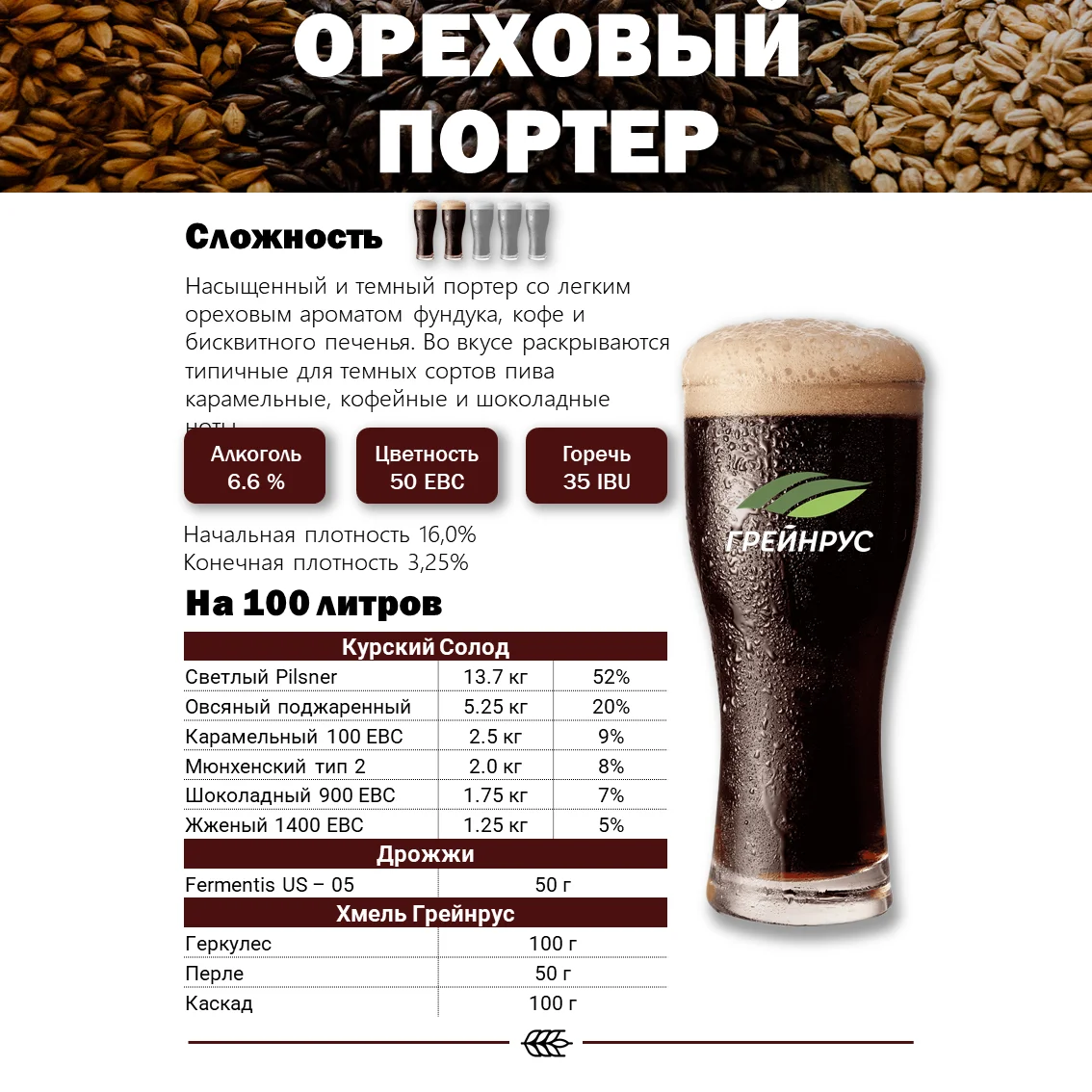 Солод ячменный специальный российский, Карамельный, 100, Курский солод, мешок 5 кг