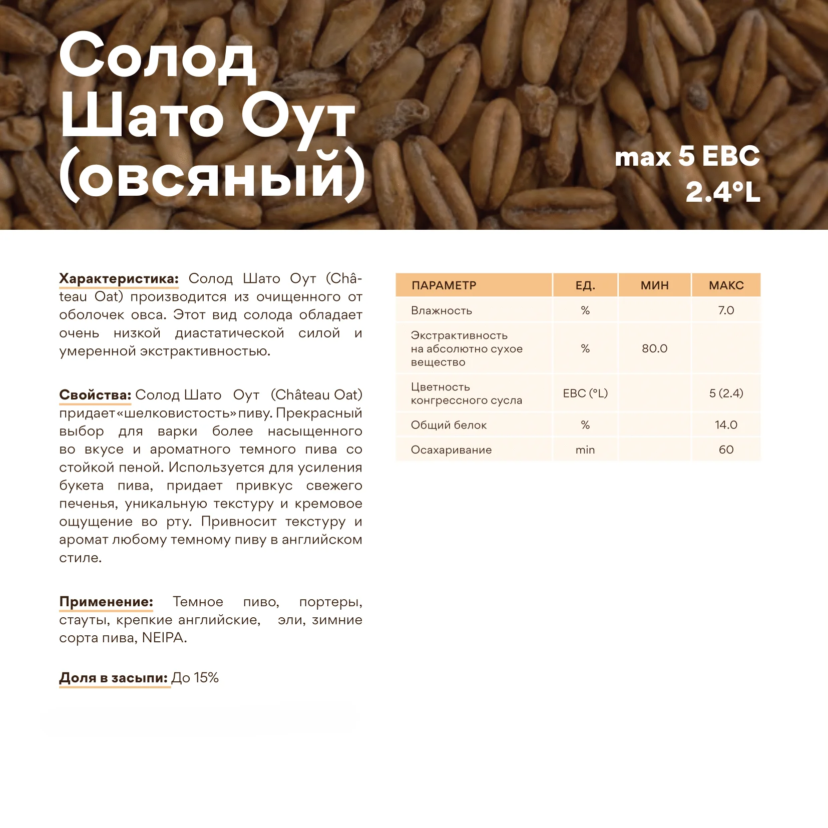 Солод овсяный специальный импортный, Oat, Castle Malting, мешок 25 кг