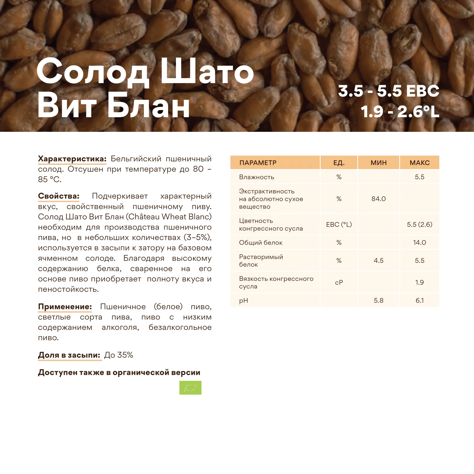 Солод пшеничный специальный импортный, дроблёный, Wheat Blanc, Castle Malting, мешок 5 кг