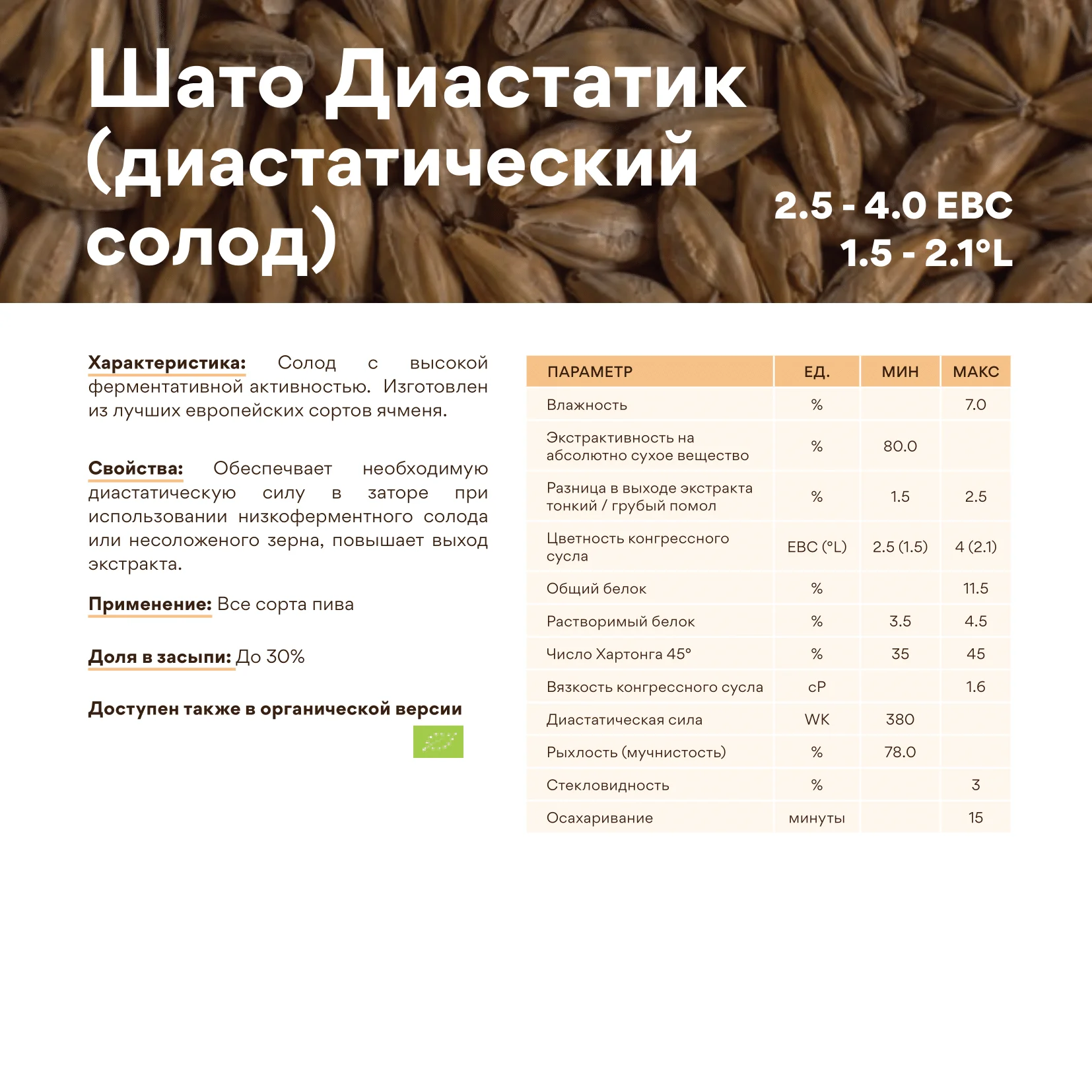 Солод ячменный светлый импортный, Diastatic, Castle Malting, мешок 25 кг