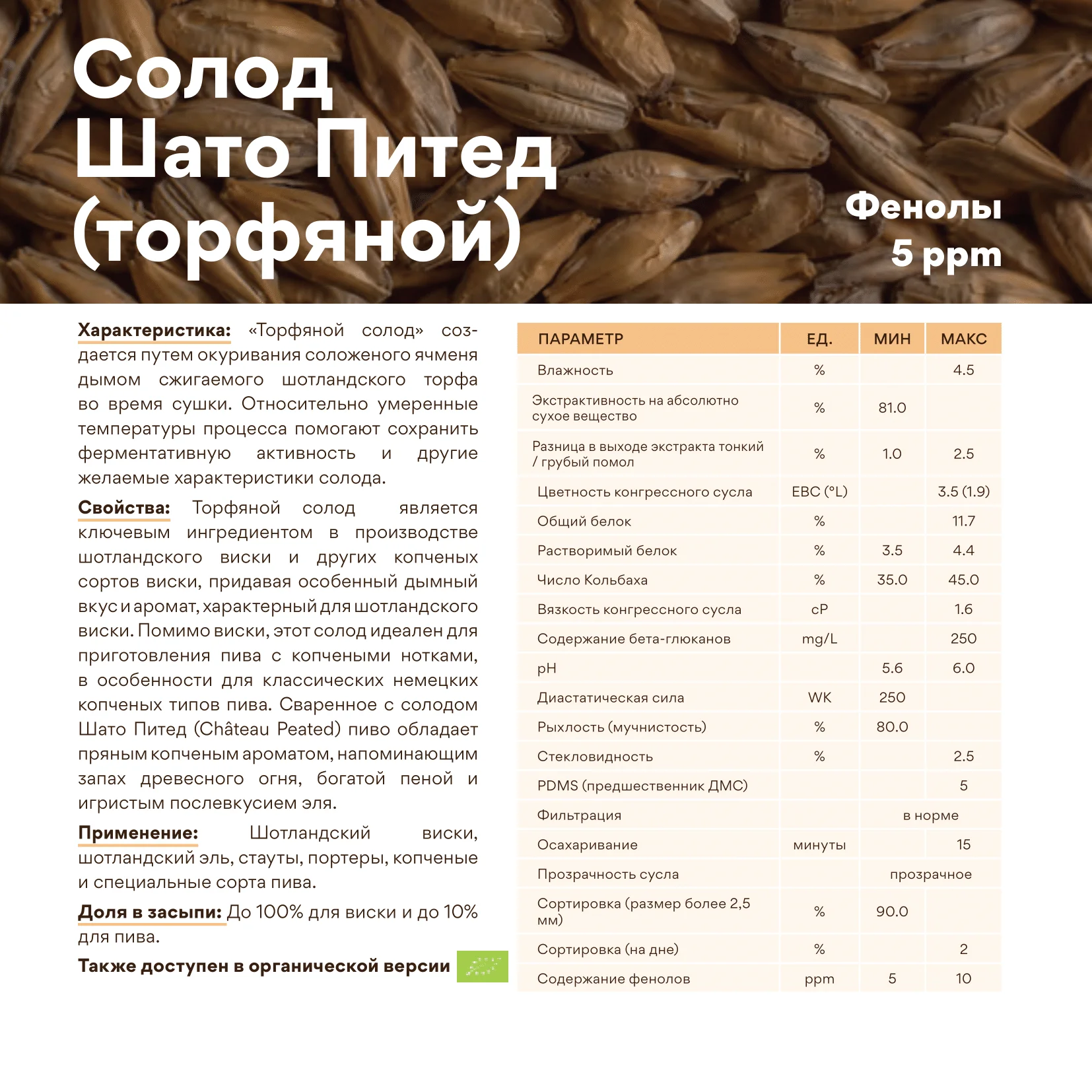 Солод ячменный специальный импортный, Peated Chateau, 5 ppm, Castle Malting, мешок 25 кг