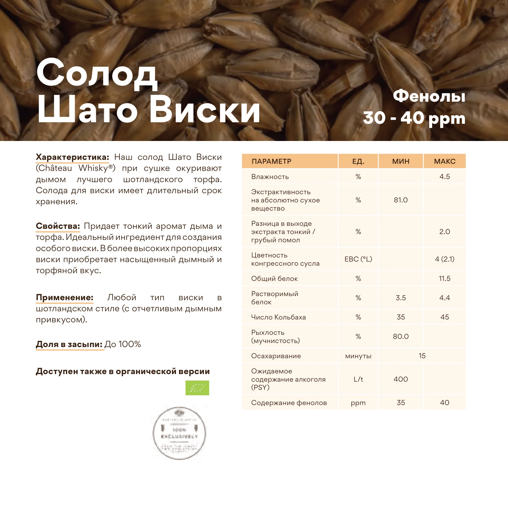 Солод ячменный специальный импортный, Whisky Chateau, 35 ppm, Castle Malting, мешок 25 кг
