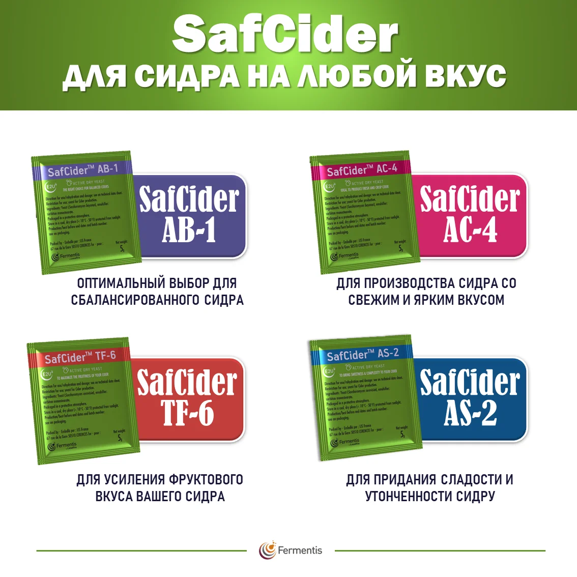 Дрожжи сухие SafCider TF-6, Бельгия, Fermentis, пакеты 5 г