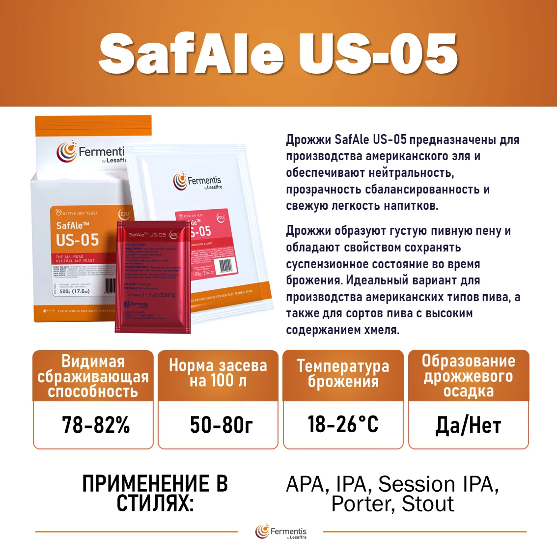 Дрожжи пивные Safale US-05, Бельгия, Fermentis, пакеты 0,5 кг