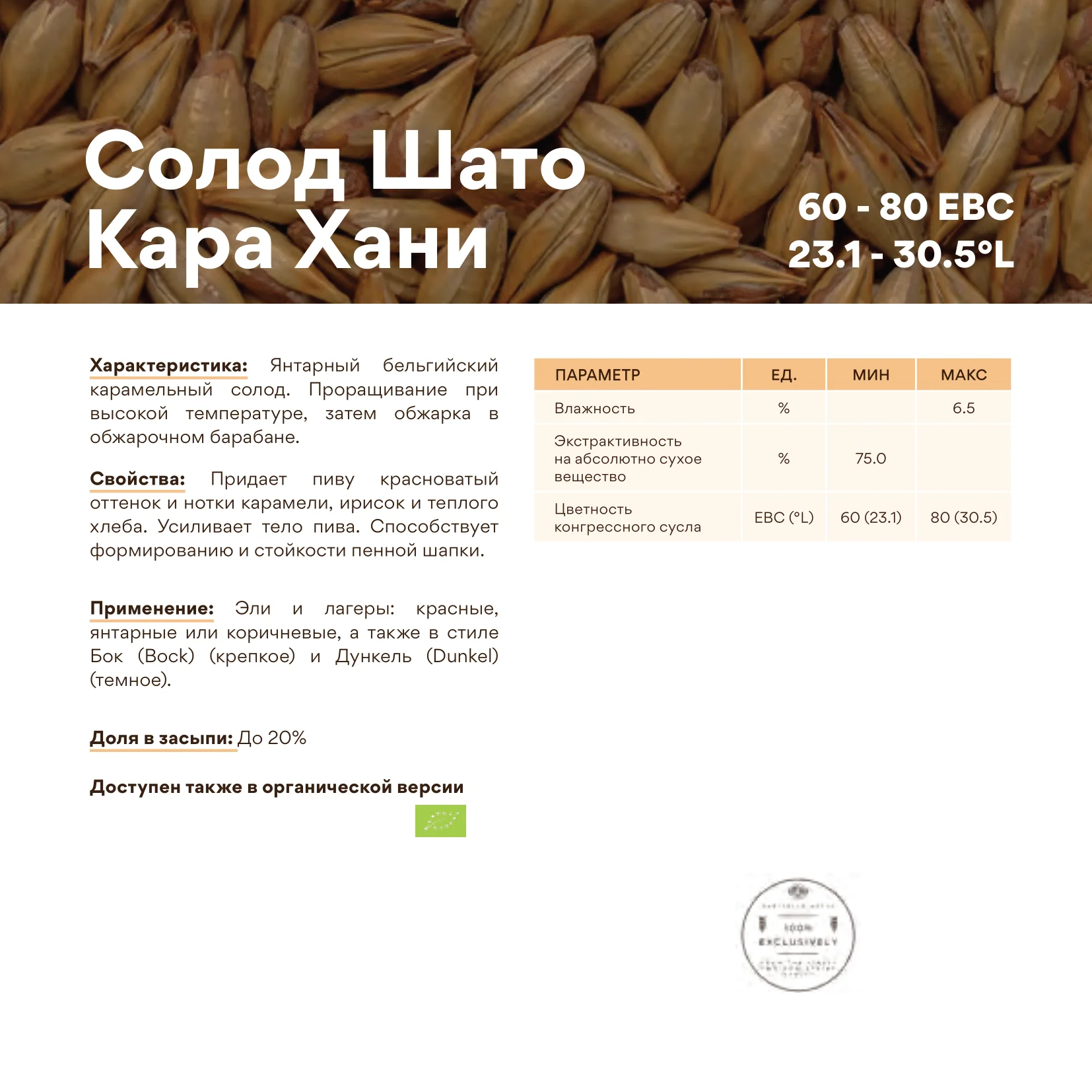 Солод ячменный специальный импортный, Cara Honey (Ambra), Castle Malting, мешок 5 кг