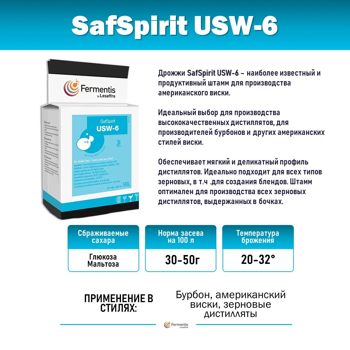 Дрожжи спиртовые SafSpirit USW-6, Бельгия, Fermentis, пакеты 0,5 кг