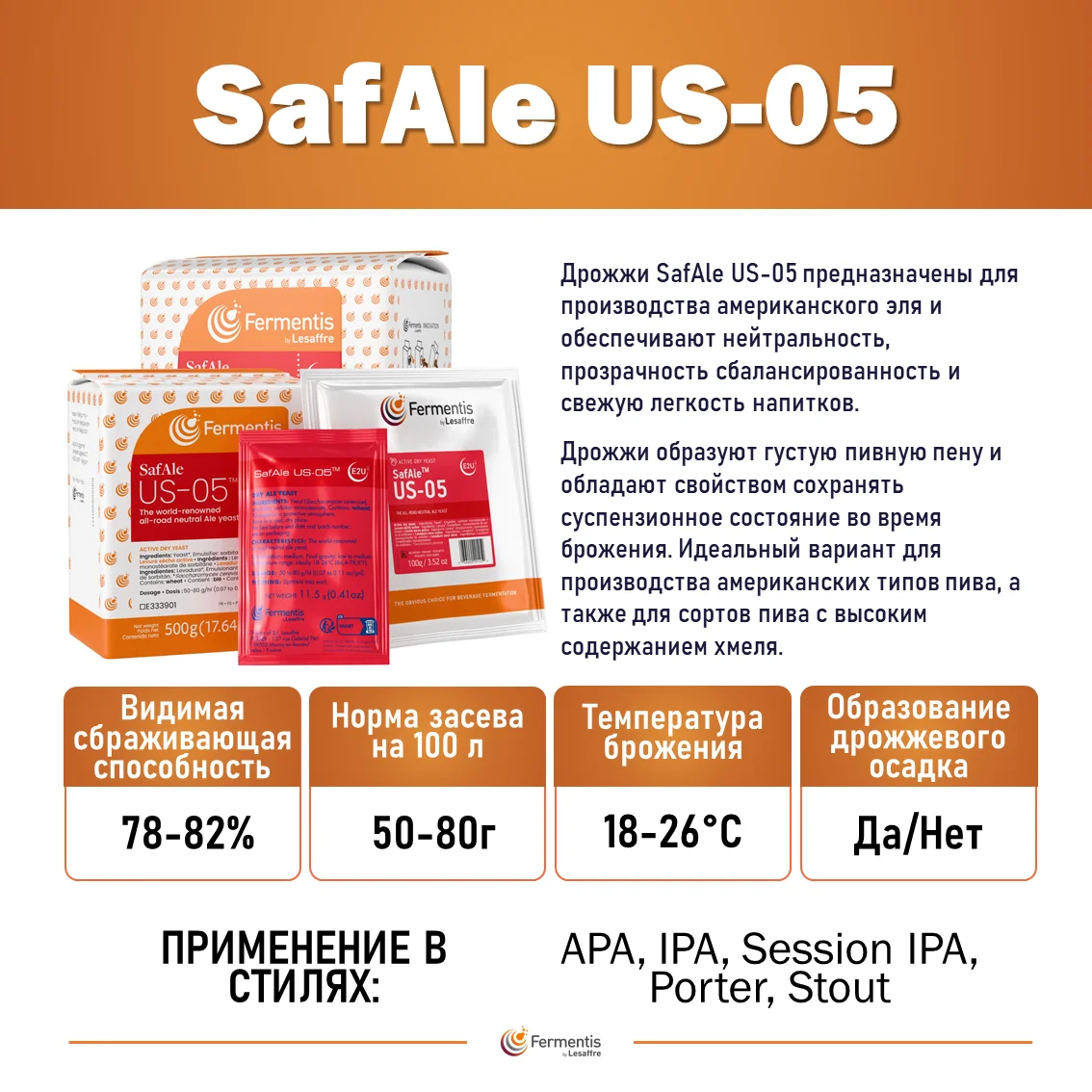 Дрожжи пивные Safale US-05, Бельгия, Fermentis, пакеты 0,5 кг