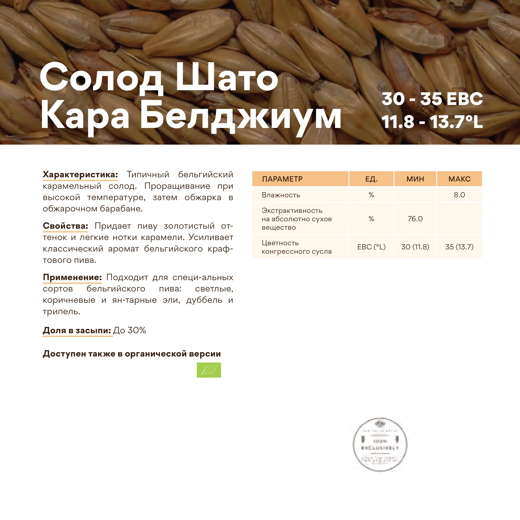 Солод ячменный специальный импортный, Cara B_Belgium (Belga), Castle Malting, мешок 25 кг