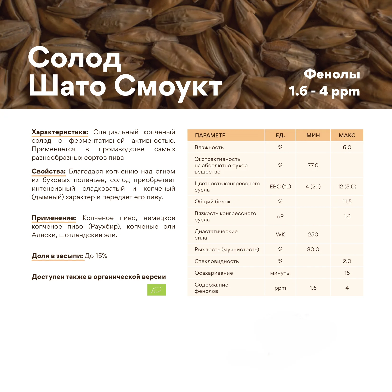 Солод ячменный специальный импортный, Smoked Chateau, Castle Malting, мешок 5 кг