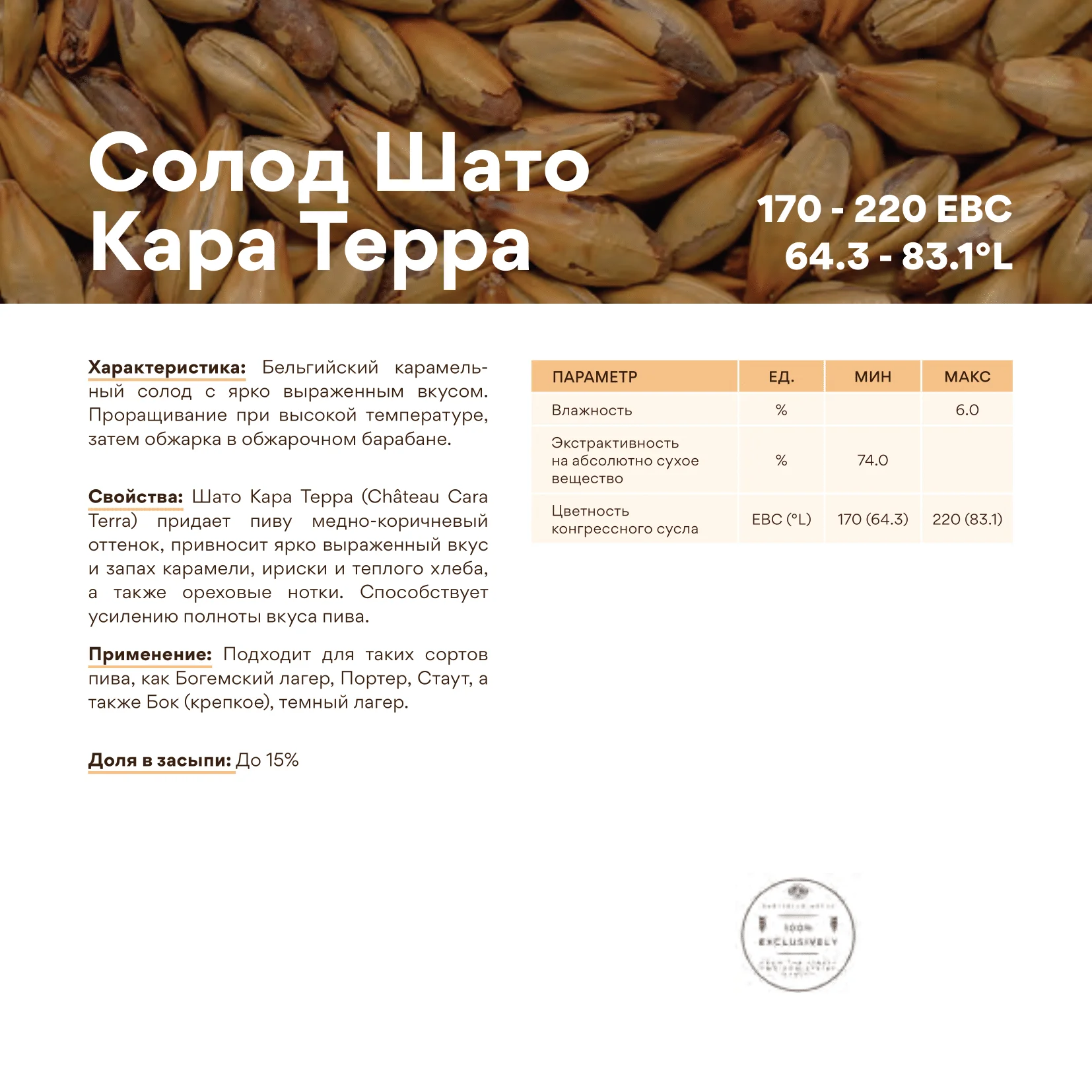 Солод ячменный специальный импортный, Cara Terra, Castle Malting, мешок 25 кг