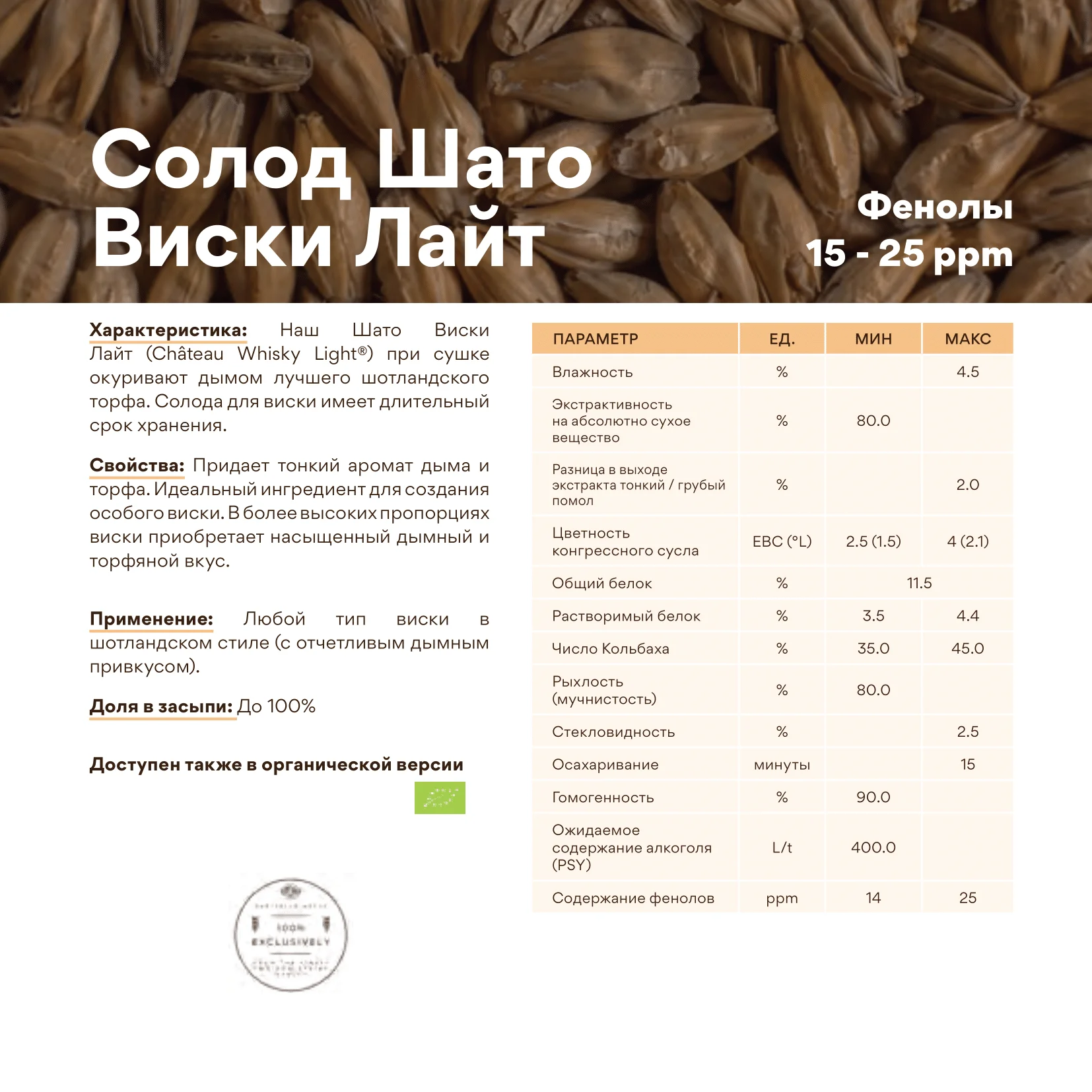 Солод ячменный специальный импортный, Whisky Chateau Light, 25 ppm, Castle Malting, мешок 5 кг
