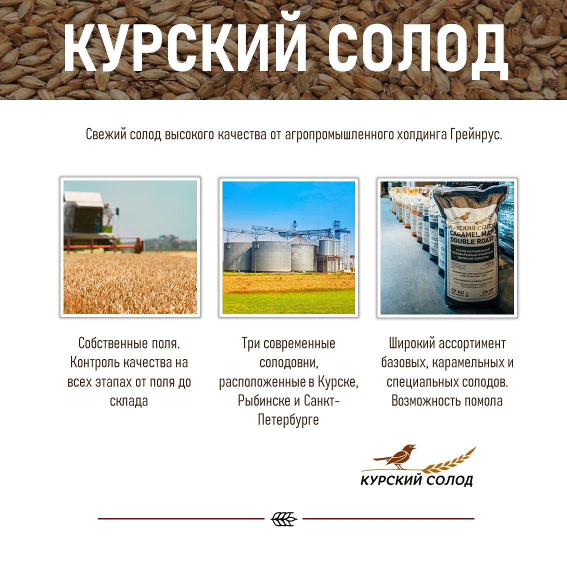 Солод ячменный специальный российский, дробленый, Карамельный, 50, Курский солод, мешок 1 кг