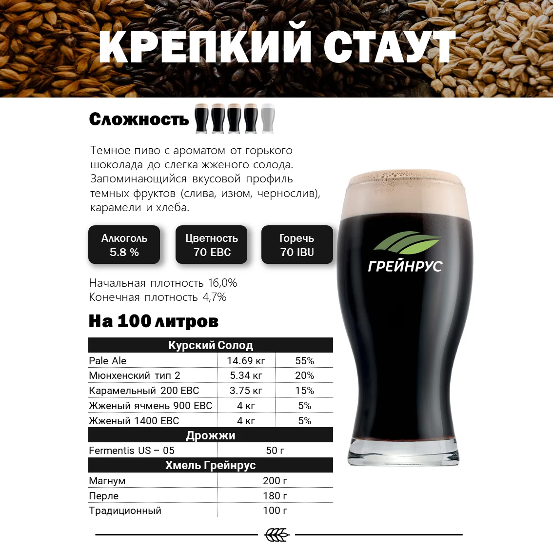 Солод ячменный специальный российский, дробленый, Карамельный, 200, Курский солод, мешок 5 кг