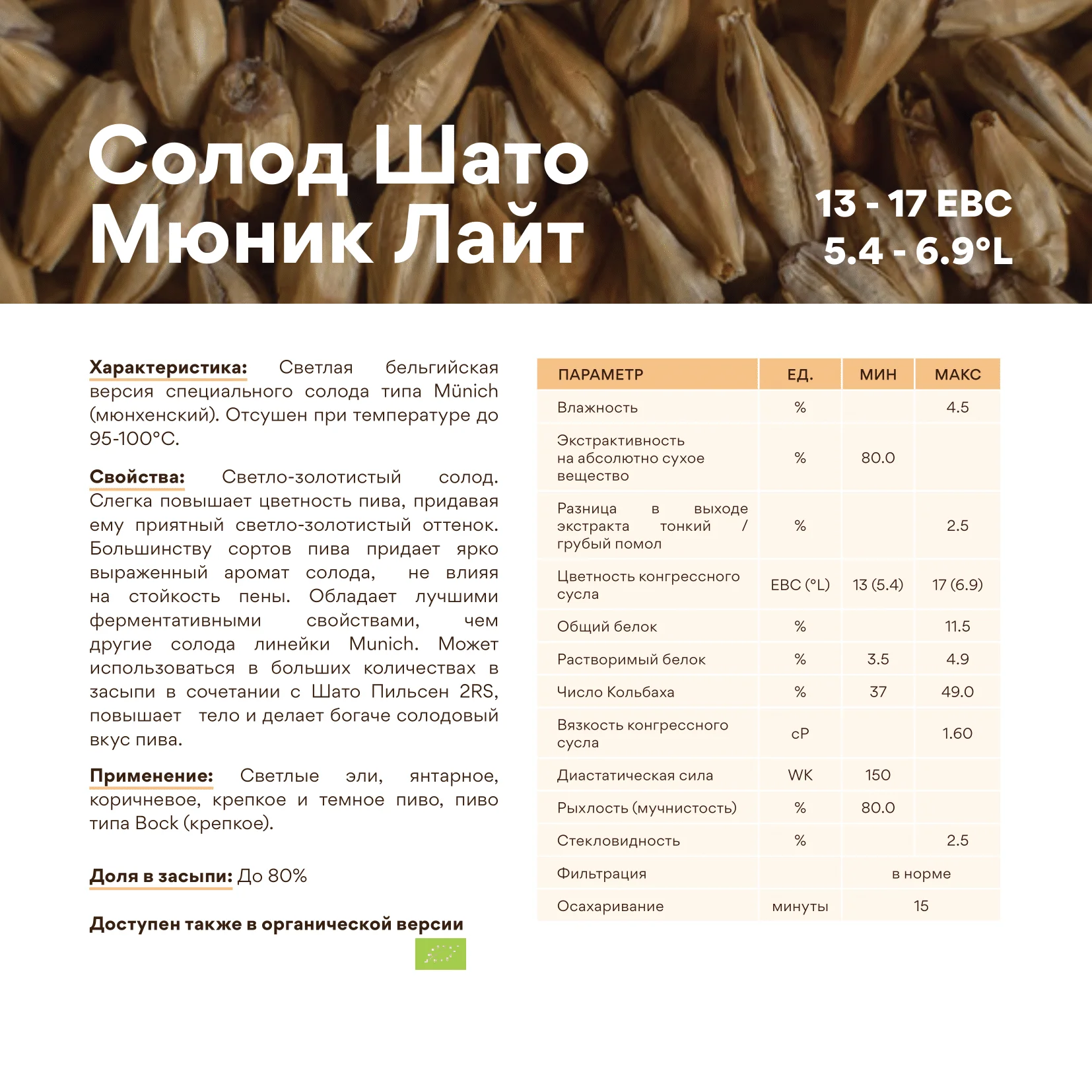 Солод ячменный специальный импортный, Munich Light malt, Castle Malting, мешок 5 кг