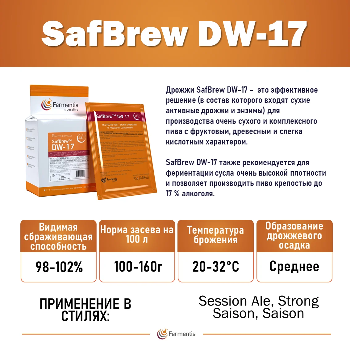 Дрожжи пивные SafBrew DW-17 Бельгия, Fermentis, пакеты 25 г