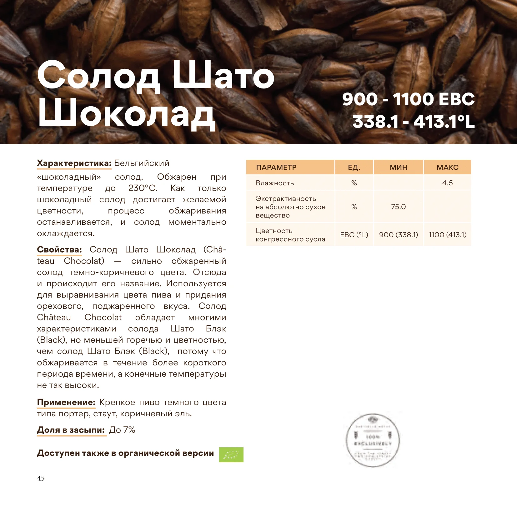 Солод ячменный специальный импортный, Chocolate malt, 900, Castle Malting, мешок 5 кг