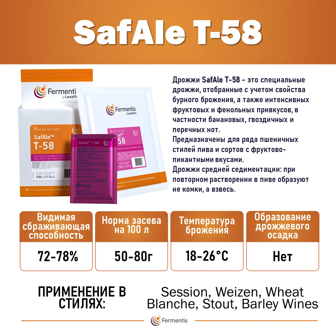 Дрожжи пивные Safale T-58, Бельгия, Fermentis, пакеты 0,5 кг