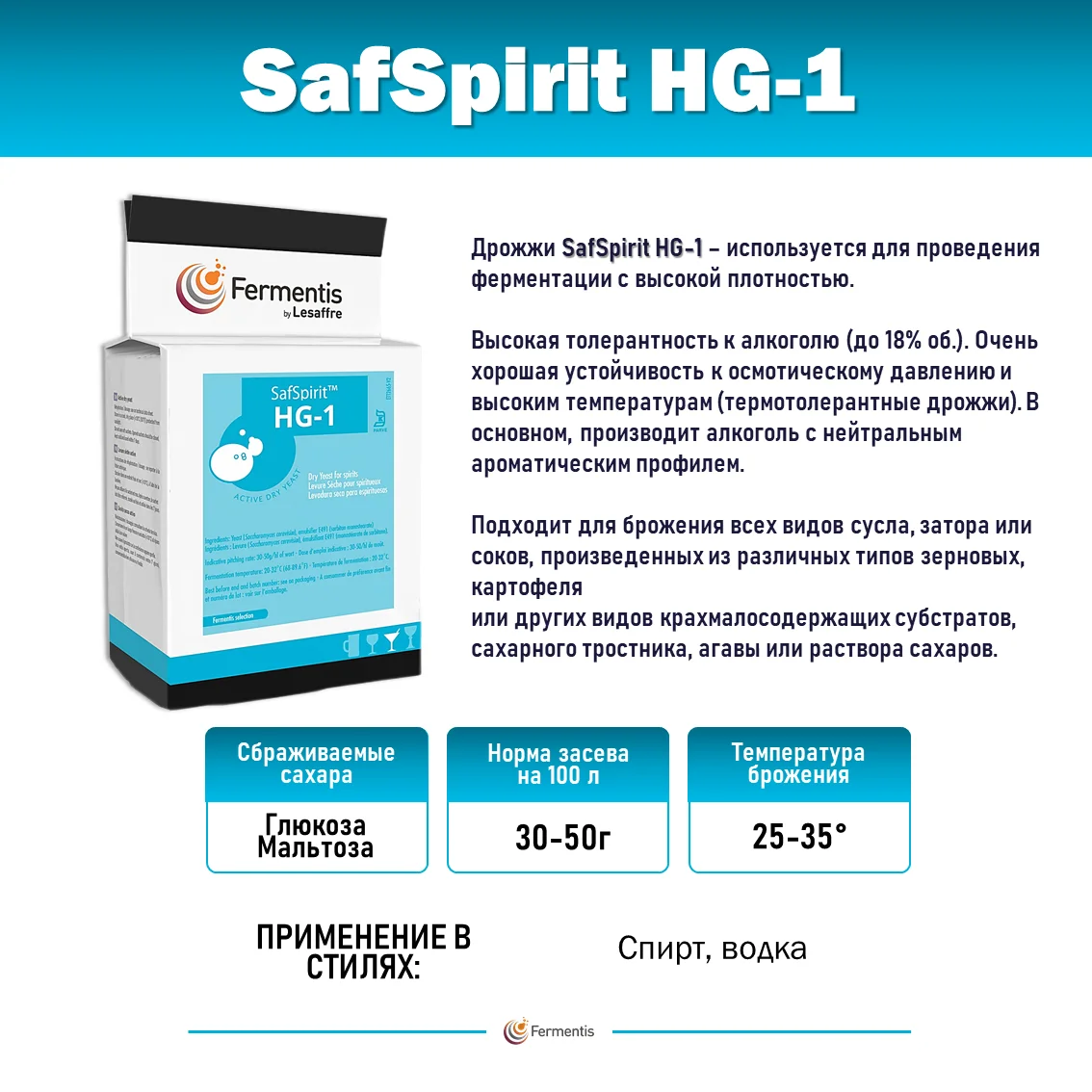 Дрожжи спиртовые SafSpirit HG-1, Мексика, Fermentis, пакеты 0,5 кг