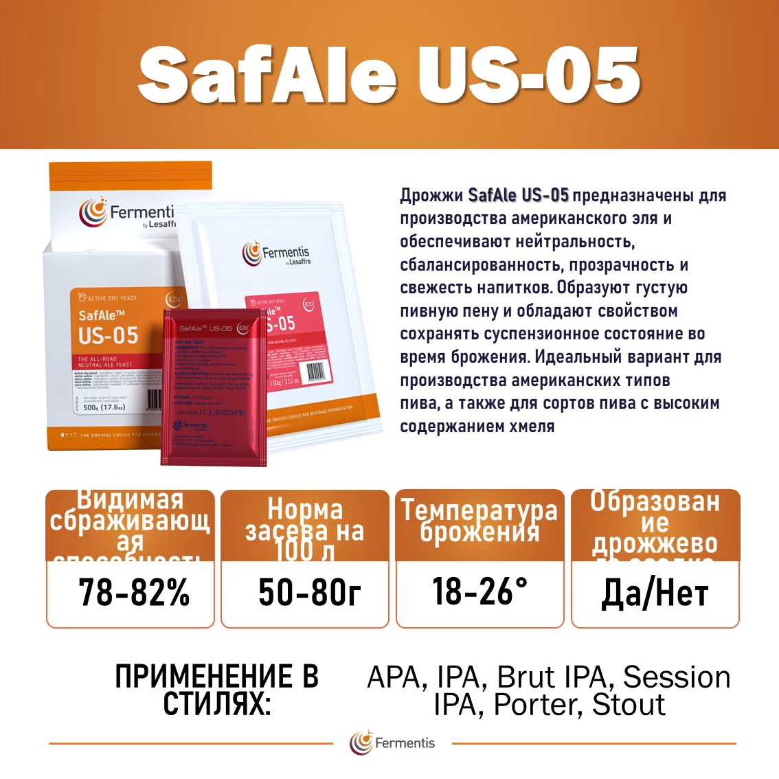 Дрожжи пивные Safale US-05, Бельгия, Fermentis, пакеты 11,5 г