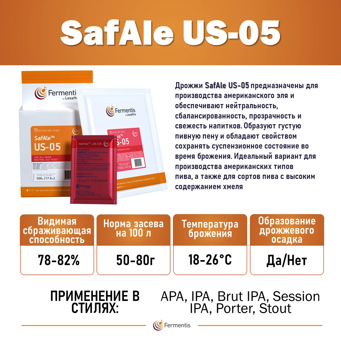 Дрожжи пивные Safale US-05, Бельгия, Fermentis, пакеты 11,5 г