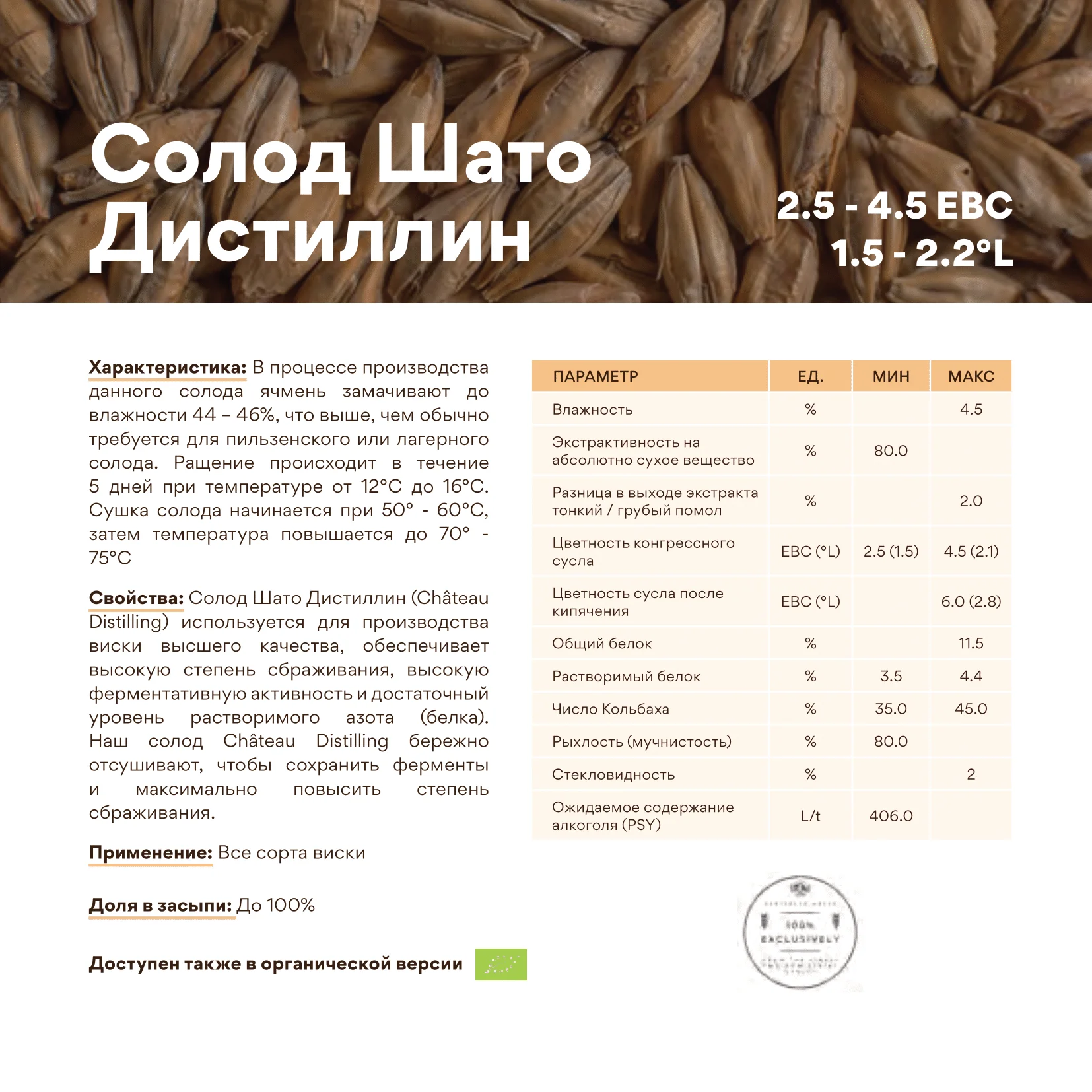 Солод ячменный специальный импортный, Distilling Chateau Light, 0 ppm, Castle Malting, пакет 5 кг г