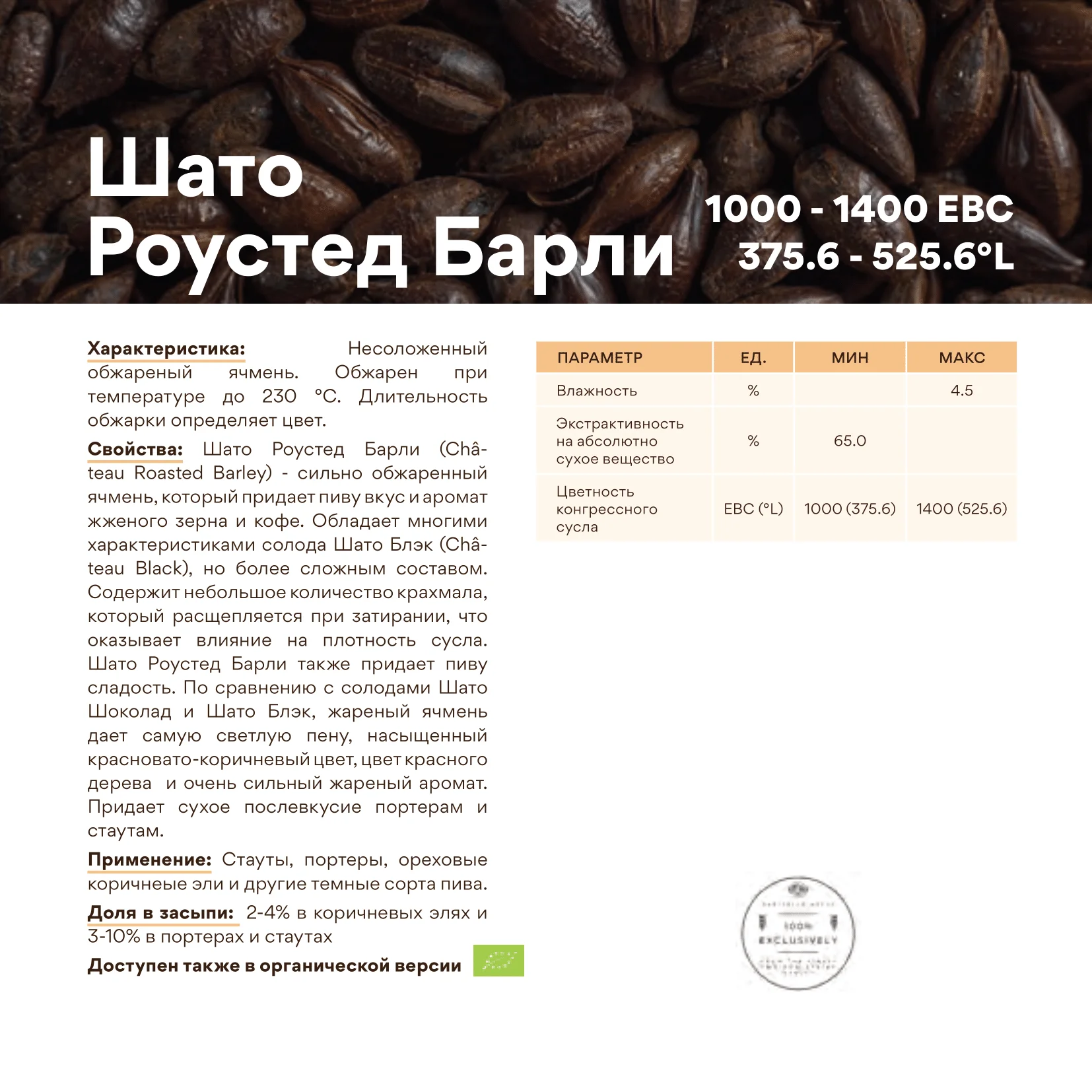 Солод ячменный специальный импортный, Roasted Barley, Castle Malting, мешок 25 кг
