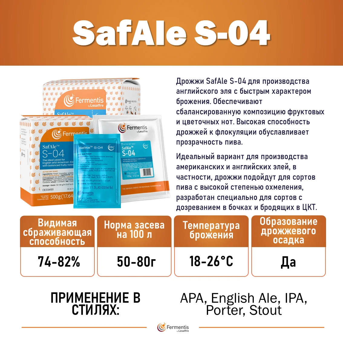 Дрожжи пивные Safale S-04, Бельгия, Fermentis, пакеты 0,5 кг